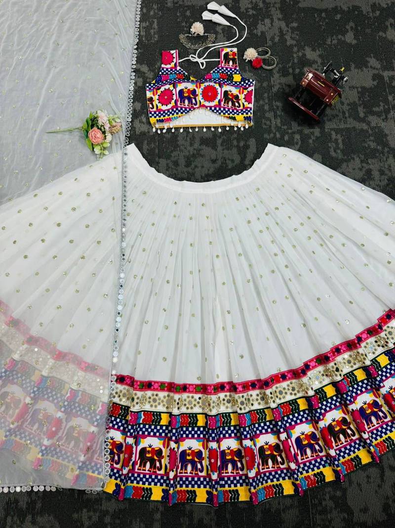 White Navratri Georgette Lehenga Choli with Real Mirror Work