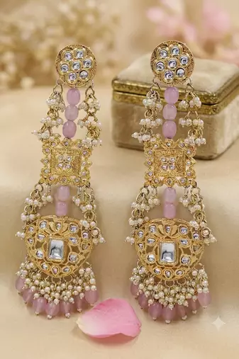 Antique gold kundan polki long jhumka earrings with pink beads & pearl drops