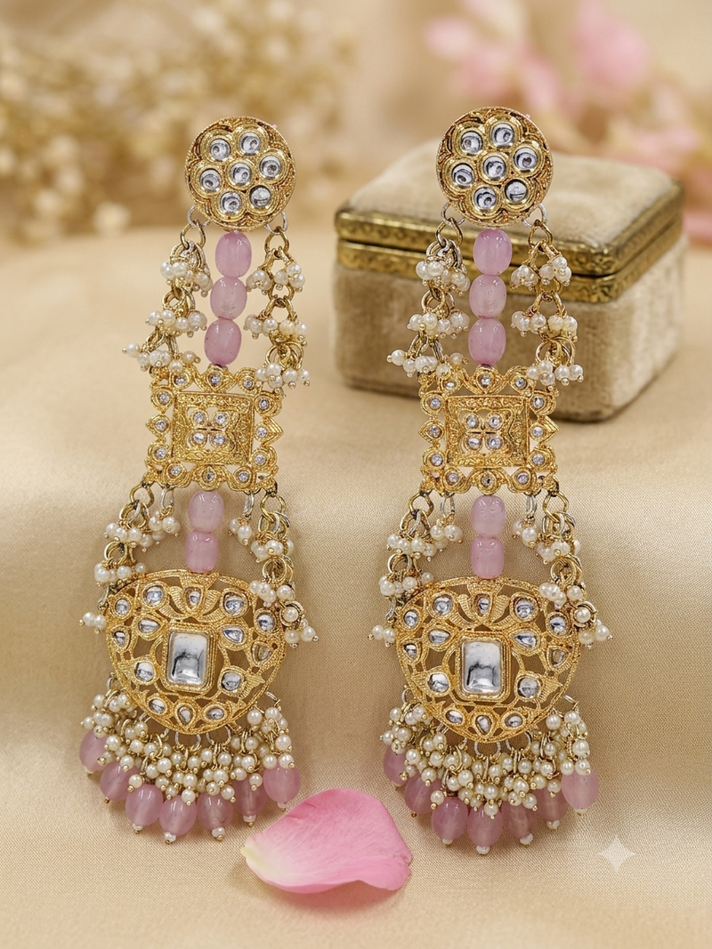 Antique gold kundan polki long jhumka earrings with pink beads & pearl drops