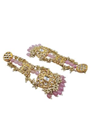 Antique gold kundan polki long jhumka earrings with pink beads & pearl drops 3