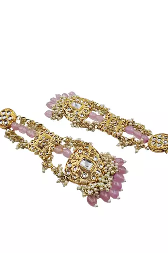 Antique gold kundan polki long jhumka earrings with pink beads & pearl drops