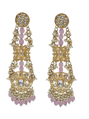 Antique gold kundan polki long jhumka earrings with pink beads & pearl drops 4