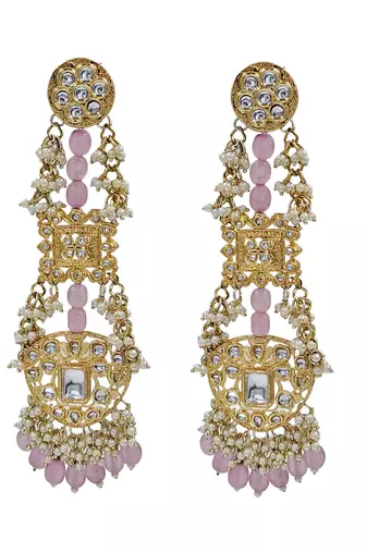 Antique gold kundan polki long jhumka earrings with pink beads & pearl drops