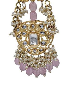Antique gold kundan polki long jhumka earrings with pink beads & pearl drops 5