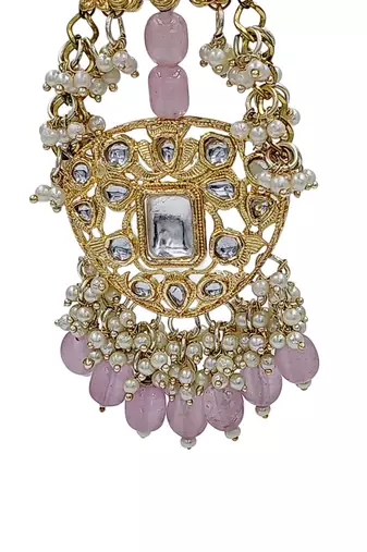 Antique gold kundan polki long jhumka earrings with pink beads & pearl drops