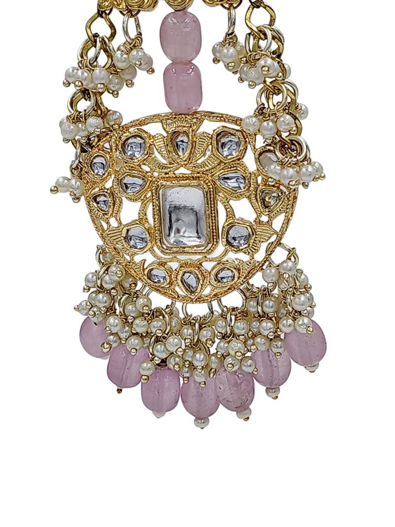 Antique gold kundan polki long jhumka earrings with pink beads & pearl drops
