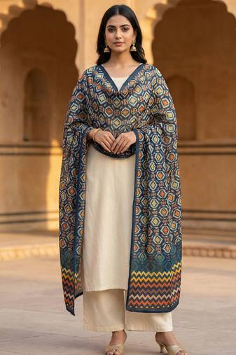 Printed raw cotton silk multi thred lace work stall dupatta