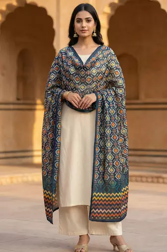 Printed raw cotton silk multi thred lace work stall dupatta