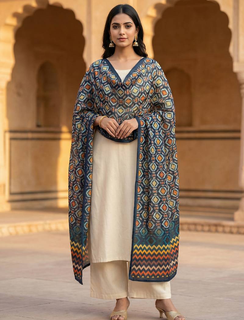 Printed raw cotton silk multi thred lace work stall dupatta