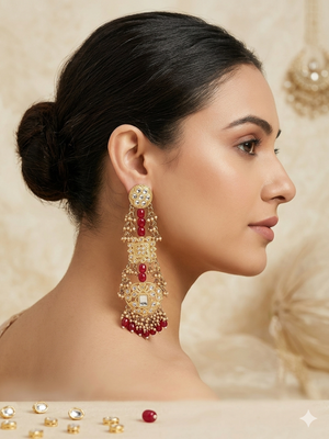 Antique gold kundan polki long jhumka earrings with ruby beads & pearl drops 1