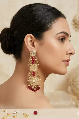 Antique gold kundan polki long jhumka earrings with ruby beads & pearl drops