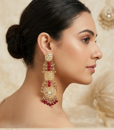 Antique gold kundan polki long jhumka earrings with ruby beads & pearl drops