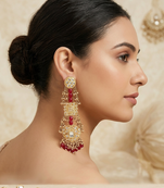 Antique gold kundan polki long jhumka earrings with ruby beads & pearl drops