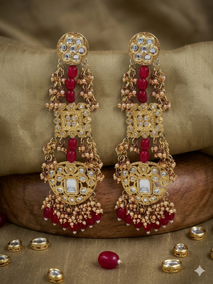 Antique gold kundan polki long jhumka earrings with ruby beads & pearl drops 2