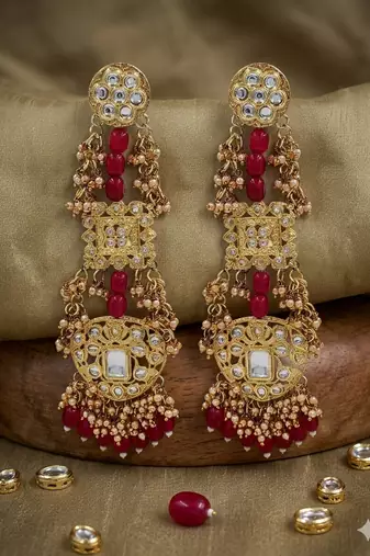 Antique gold kundan polki long jhumka earrings with ruby beads & pearl drops