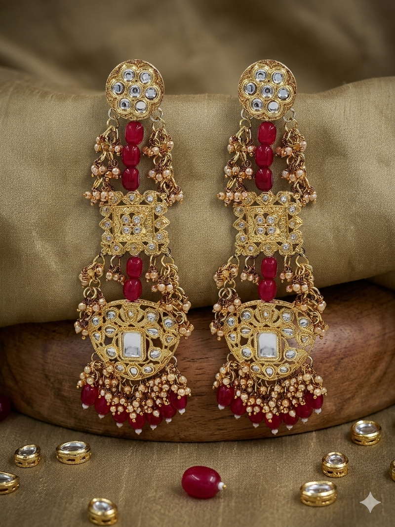Antique gold kundan polki long jhumka earrings with ruby beads & pearl drops
