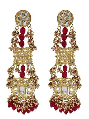 Antique gold kundan polki long jhumka earrings with ruby beads & pearl drops 3