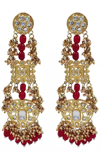 Antique gold kundan polki long jhumka earrings with ruby beads & pearl drops