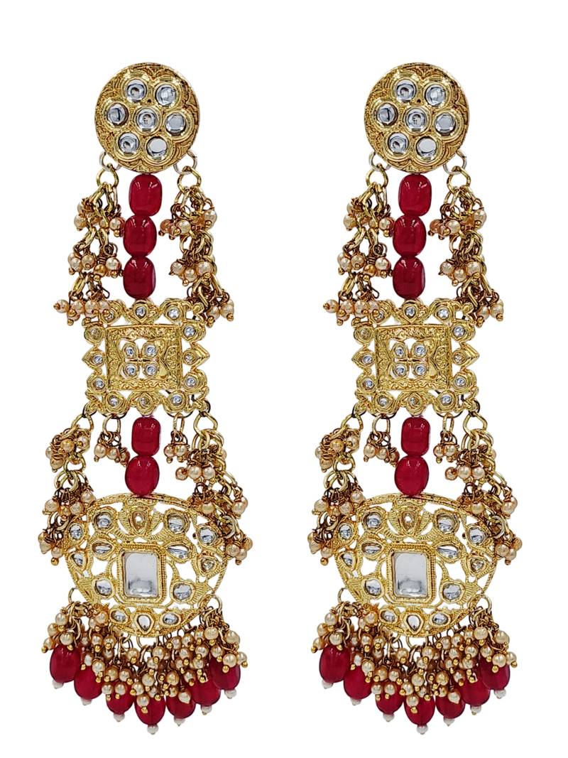 Antique gold kundan polki long jhumka earrings with ruby beads & pearl drops