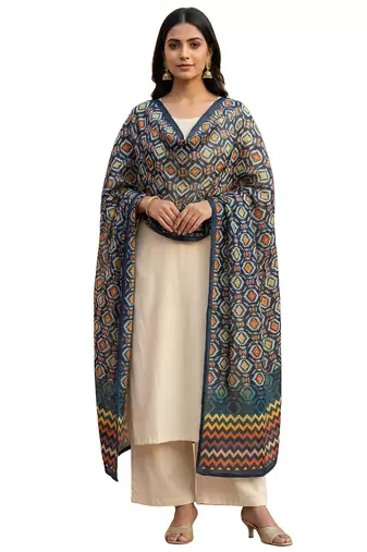 Printed raw cotton silk multi thred lace work stall dupatta