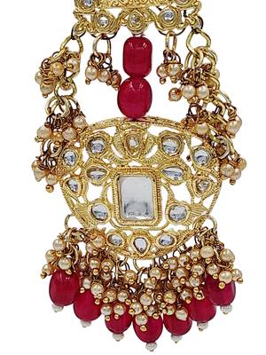 Antique gold kundan polki long jhumka earrings with ruby beads & pearl drops 4