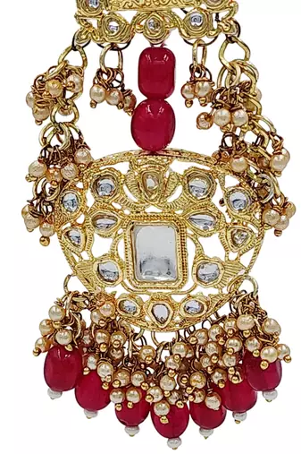 Antique gold kundan polki long jhumka earrings with ruby beads & pearl drops