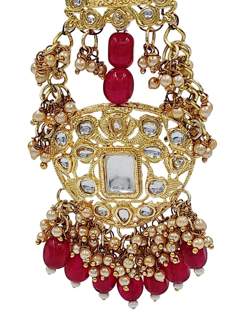 Antique gold kundan polki long jhumka earrings with ruby beads & pearl drops