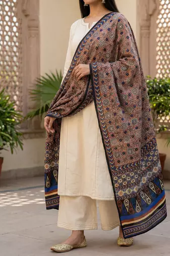 Printed raw cotton silk multi thred lace work stall dupatta