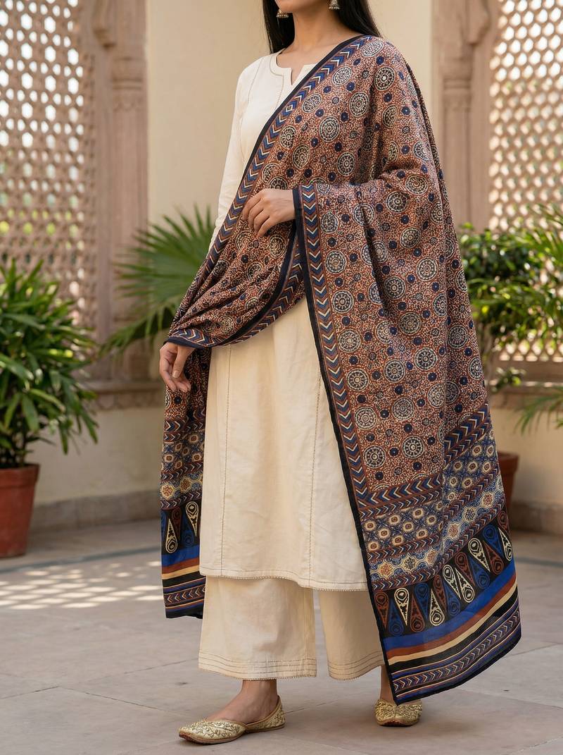 Printed raw cotton silk multi thred lace work stall dupatta