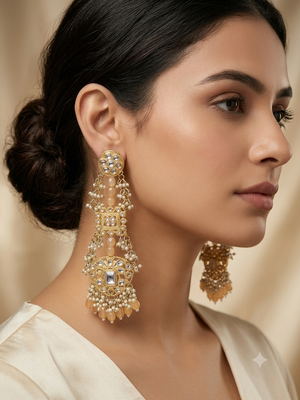 Antique gold kundan polki long jhumka earrings with yellow beads & pearl drops 1