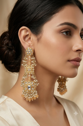 Antique gold kundan polki long jhumka earrings with yellow beads & pearl drops