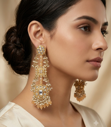 Antique gold kundan polki long jhumka earrings with yellow beads & pearl drops
