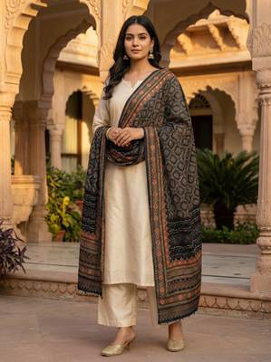 Printed raw cotton silk multi thred lace work stall dupatta 1