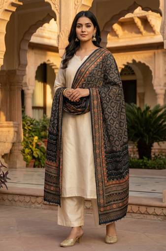 Printed raw cotton silk multi thred lace work stall dupatta