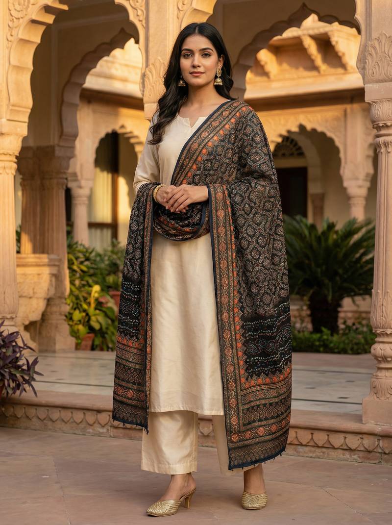 Printed raw cotton silk multi thred lace work stall dupatta