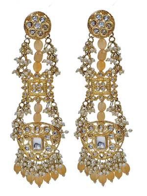 Antique gold kundan polki long jhumka earrings with yellow beads & pearl drops 2