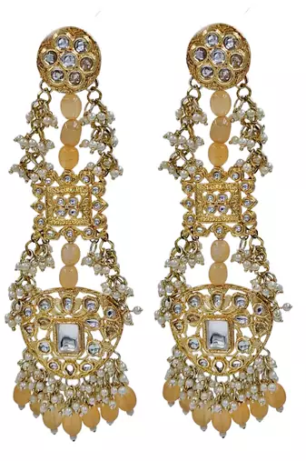 Antique gold kundan polki long jhumka earrings with yellow beads & pearl drops