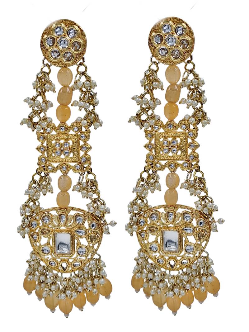 Antique gold kundan polki long jhumka earrings with yellow beads & pearl drops