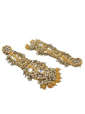 Antique gold kundan polki long jhumka earrings with yellow beads & pearl drops 3