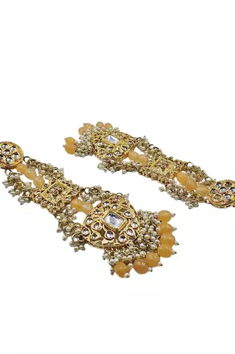 Antique gold kundan polki long jhumka earrings with yellow beads & pearl drops