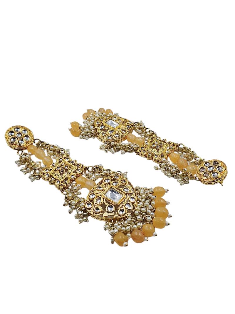 Antique gold kundan polki long jhumka earrings with yellow beads & pearl drops