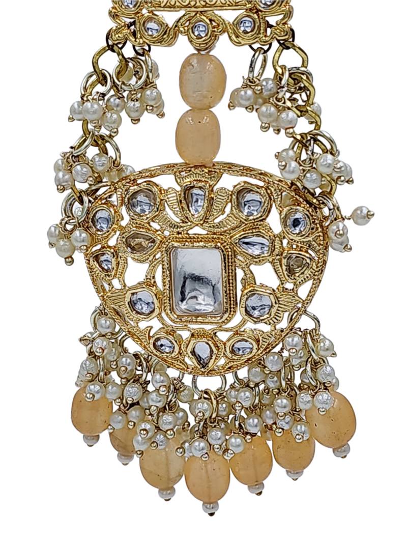 Antique gold kundan polki long jhumka earrings with yellow beads & pearl drops