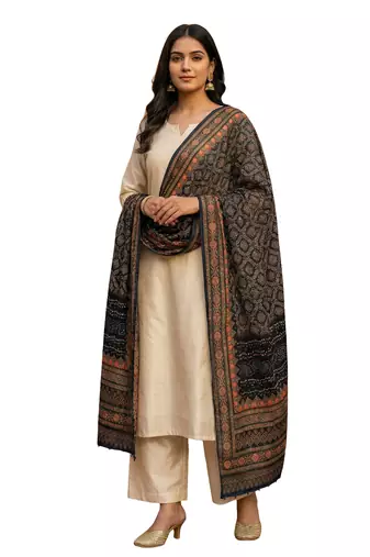 Printed raw cotton silk multi thred lace work stall dupatta
