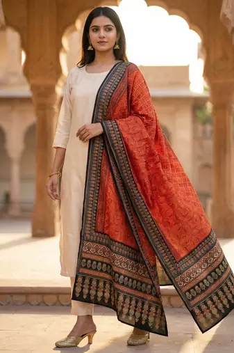 Printed raw cotton silk multi thred lace work stall dupatta