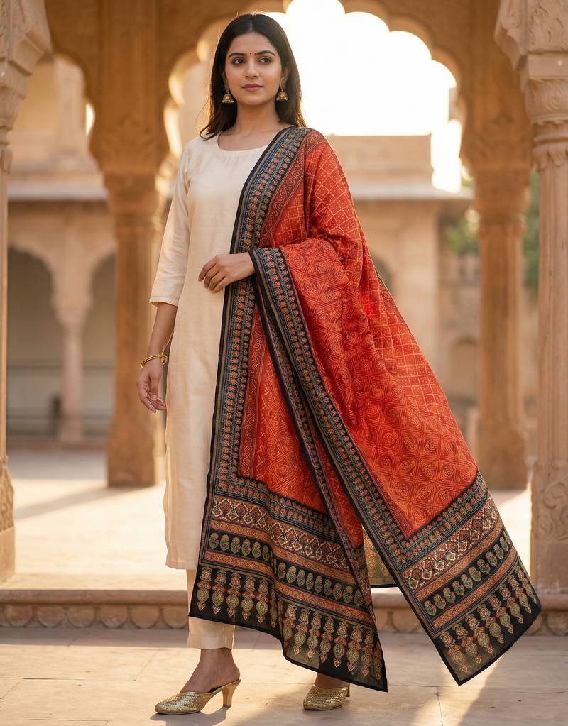 Printed raw cotton silk multi thred lace work stall dupatta