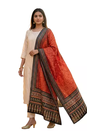 Printed raw cotton silk multi thred lace work stall dupatta