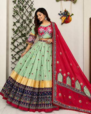 Mint Green Navratri Special Muslin Cotton Blend Chaniya Choli with Real Mirror Work 1