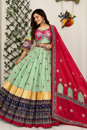 Mint Green Navratri Muslin Cotton Blend Chaniya Choli with Real Mirror Work