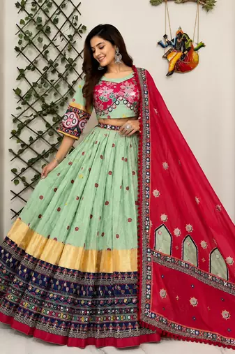 Mint Green Navratri Special Muslin Cotton Blend Chaniya Choli with Real Mirror Work