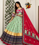 Mint Green Navratri Special Muslin Cotton Blend Chaniya Choli with Real Mirror Work